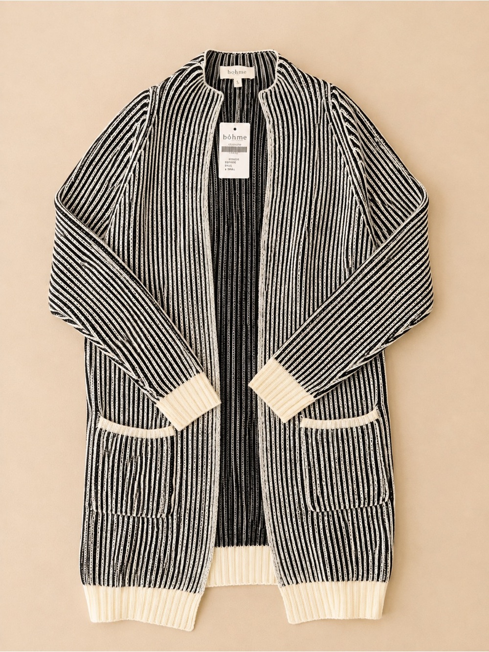 NWT Bohme Black Ivory Striped Long Open Front Cardigan Sweater Small